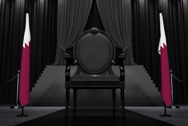 Фото 3d-рендеринг черного королевского кресла на темном фоне между двумя флагами королевство катар флаг государственный символ флаг катара висит на флагштоке