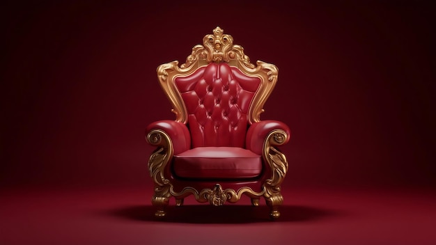 Фото 3d-рендер классического барочного кресла престола в бронзовых и красных цветах, изолированный на темно-красном фоне