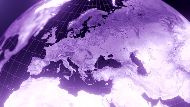 Фото 3d рендеринг карты земного шара европы технологии и футуристическая фиолетовая линия светящегося фона земли