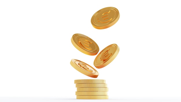 3d рендеринг падающих золотых монет со знаком евро на белом фоне