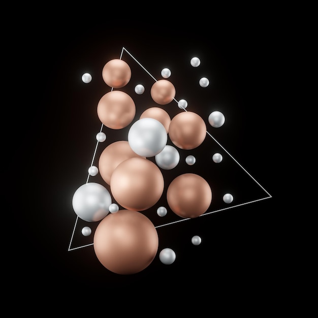 Фото 3d визуализация плавающих бронзовых текстурированных сфер на темном фоне с треугольной рамкой