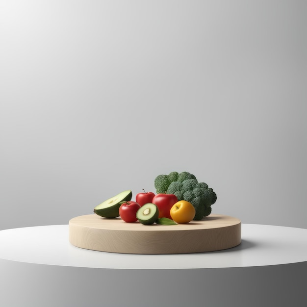 Фото 3d-рендеринг свежих овощей и фруктов в деревянной коробке на сером фоне