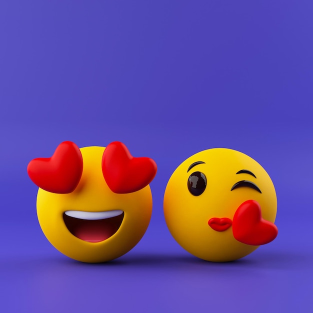 Фото 3d render of love emoticon emojies на фиолетовом фоне