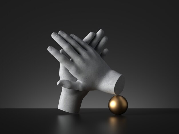 Фото 3d визуализация манекен руки аплодисменты жест и золотой шар, изолированные на черном фоне.