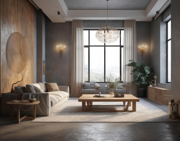 Фото 3d-рендер современной гостиной с серым диваном и деревянными столовыми растениями, окно с открытыми шторами
