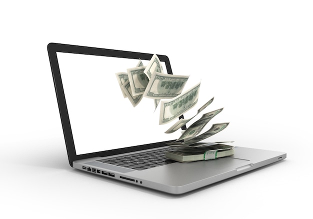 Фото 3d визуализация денег, вылетающих из ноутбука в пачке, изолированной на белом концепции денежных переводов, доходов для интернета и онлайн-банкинга