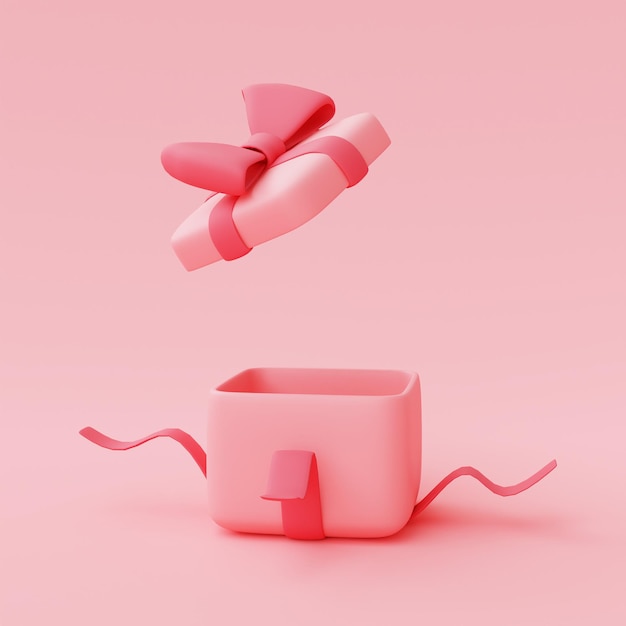 사진 파스텔 배경에 리본이 분리된 열린 분홍색 선물 상자의 3d 렌더링, 발렌타인 데이 판매 개념, 최소한의 스타일.