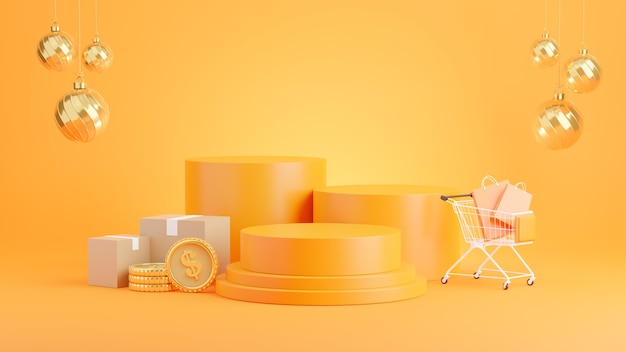 사진 제품 디스플레이에 대한 온라인 개념 쇼핑 오렌지 연단의 3d 렌더링