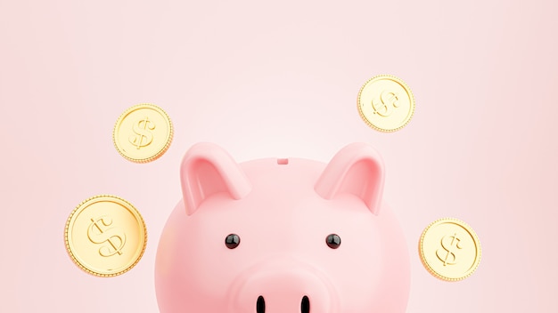 写真 お金の概念を節約するためのフローティングゴールドコインとピンクの貯金箱の3dレンダリング