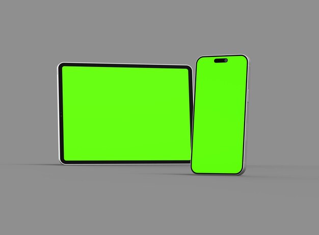 写真 スマートフォンとタブレットの3dレンダリング - 暗い背景の緑色の画面