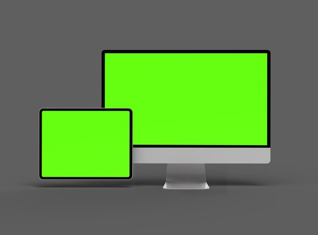 写真 スマートフォン・タブレット・デスクトップの3dレンダリング - 暗い背景の緑色の画面