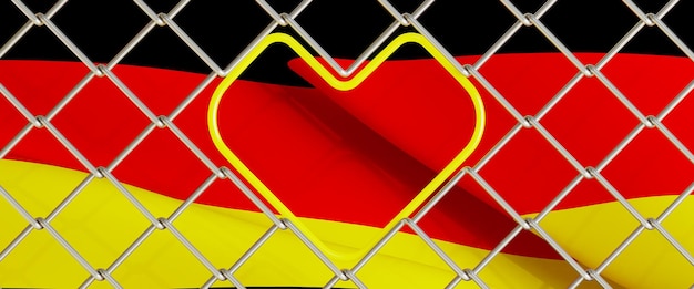 3D render of an old german flag behind steel mesh wire fence the flag of german with a heart in the middle