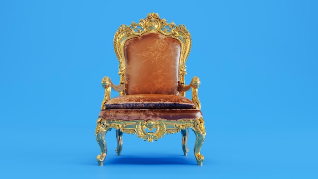 3D render of old king armchair on a blue background king throne