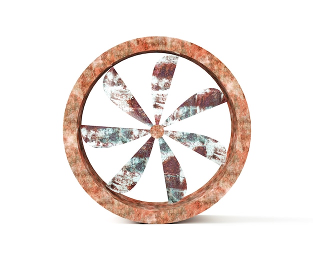 Photo 3d render of old rusty fan isolated on white.