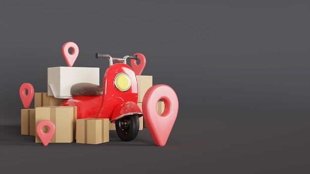 3d render online delivery on mobile illustration with scooter and box