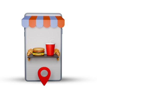3D-рендеринг онлайн-доставки и заказа еды через смартфон с булавкой на белом фоне и копировальным пространством