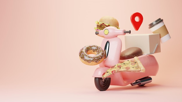 3d render online food order delivery on mobile illustration with scooter