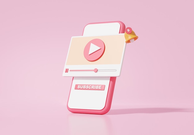 ピンクの背景に浮かぶスマートフォンのモダンな再生ビデオを使用した3Dレンダリングオンラインマルチメディアワイヤレスメディア接続サブスクライブバナーコピースペースイラスト