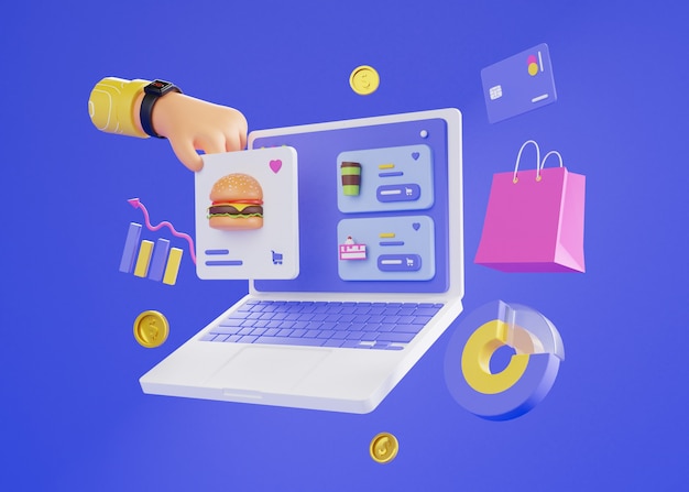 3d render of online shopping with a laptop