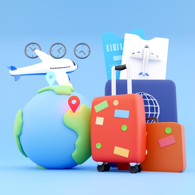 3d render online tickets 3d render airplane with passport 3d render luggage suit illustration