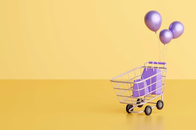 3D Render Online winkelen met boodschappentas in winkelwagen toevoegen aan winkelwagen Online betalingsconcept