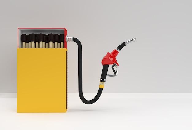 3D Render Opened Blank matchbox Mockup with fuel pump nozzle isolated on Color Background