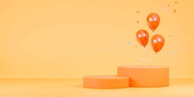 Фото 3d рендеринг оранжевых шаров с подиумом для показа продукции для презентационного баннера