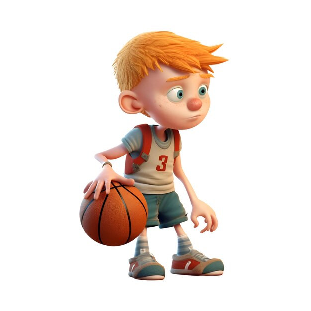 3D Render of an Orangehaired Boy with a Basketball on White Background