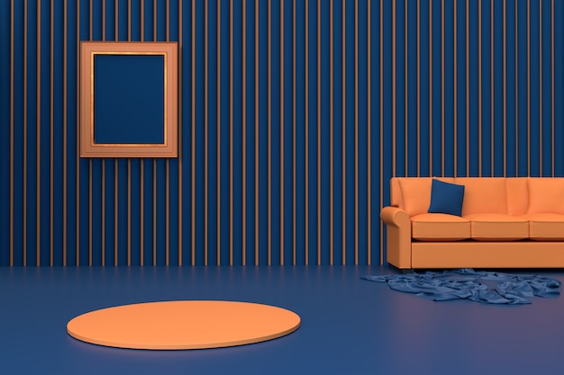 3D render oranje bank en voetstuk in blauwe kamer