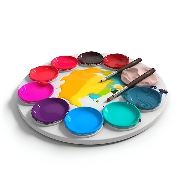 3d render of paint palette with brush and paints on white background