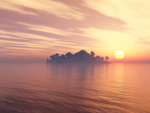 3D render of a palm tree island landscape against a sunset sky