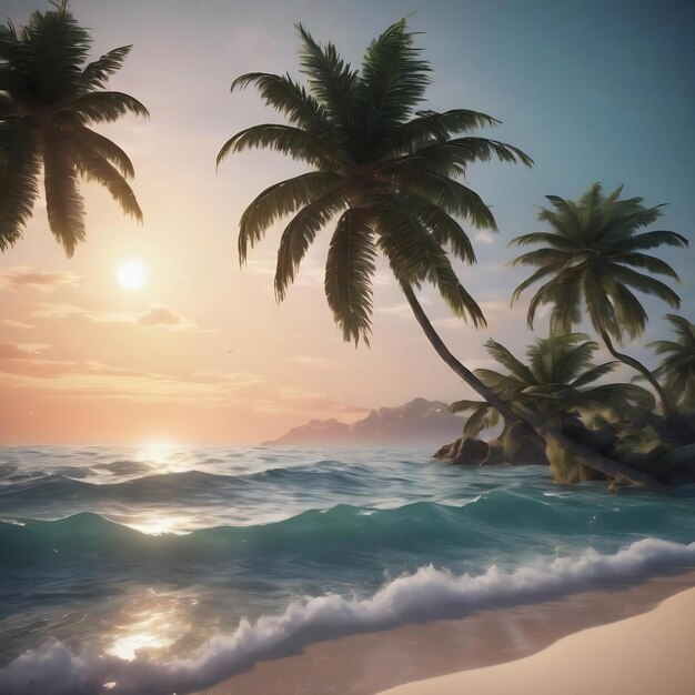 3d render of palm trees in the ocean against a space sky