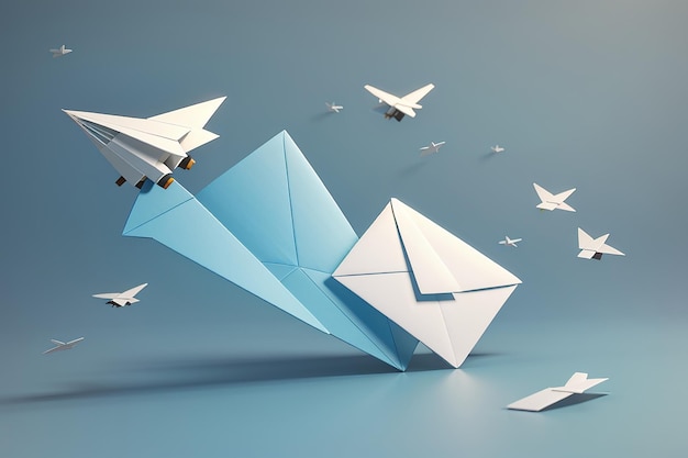 3d render of paper airplane with flying envelope