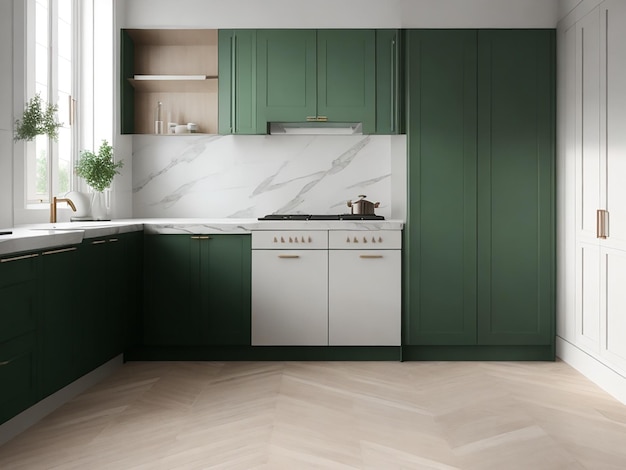 3d render of a Parisian minimalist kitchen with green cabinets and white marble countertop