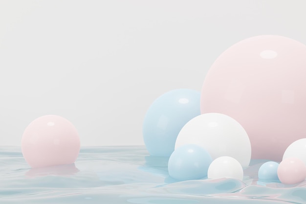 3d render of pastel ball, soaps bubbles, blobs that floating on the air isolated on pastel background. Abstract scene.