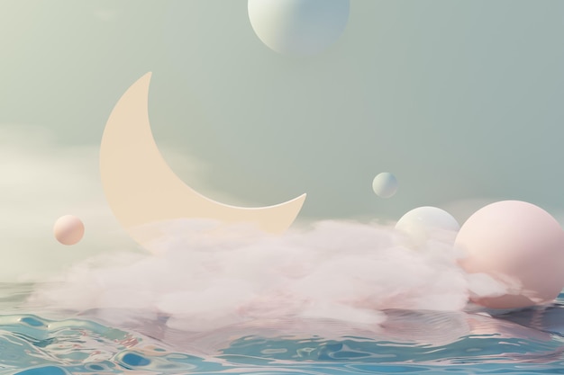 Rendering 3d di palline pastello, bolle di sapone, bolle che galleggiano nell'aria con soffici nuvole e oceano. terra romantica di scena da sogno. cielo da sogno astratto naturale. Foto Premium