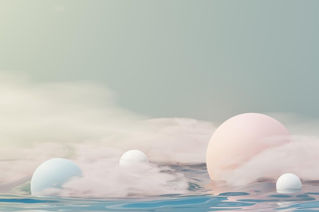 3D визуализация пастельного шара, мыльных пузырей, капель, плавающих в воздухе с пушистыми облаками и океаном. Романтическая страна мечты. Естественное абстрактное мечтательное небо.