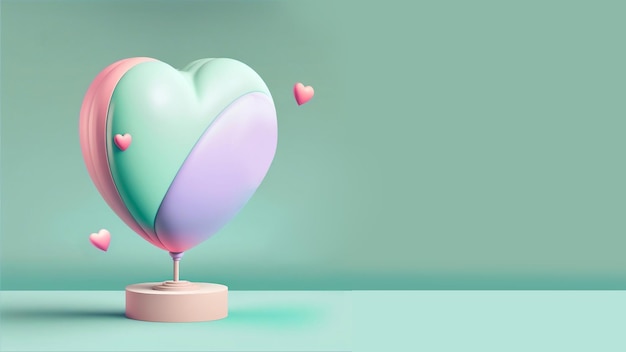 3D Render Pastel Color Glossy Heart Shape Stand With Podium Balloons