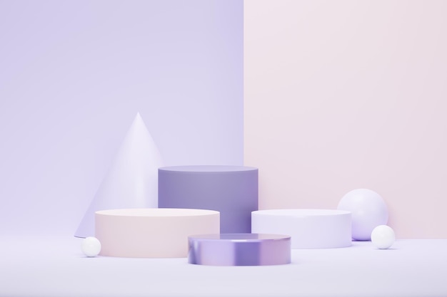 3d render pastel green minimal background with podium stand purple stage platform for cosmetic product presentation and advertising studio scene with showcase pedestal in clean design