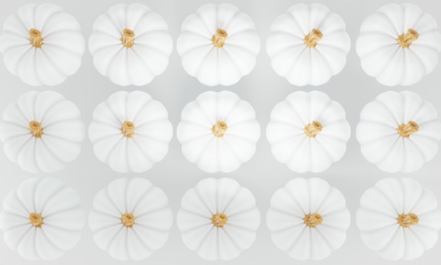 白い背景の上の白いカボチャの3dレンダリングパターン創造的な秋の構成3dイラスト
