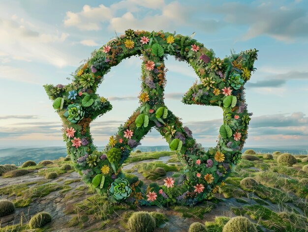 Photo 3d render of peace symbol adorned with flowers and greenery against a picturesque sky