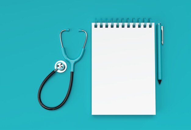 3D Render Pen and Notepad with Doctor Stethoscope on the Pastel Blue Background.