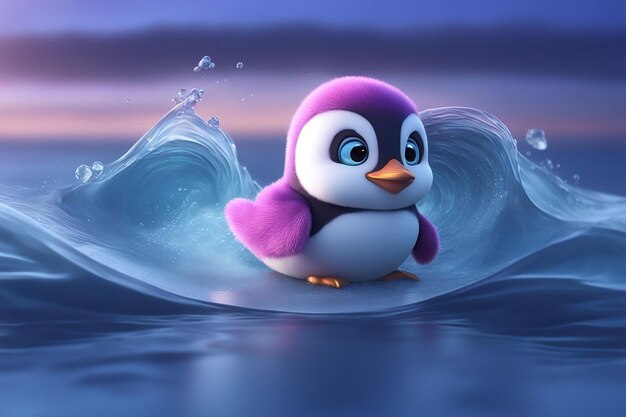 3d render of a penguin on a surfboard