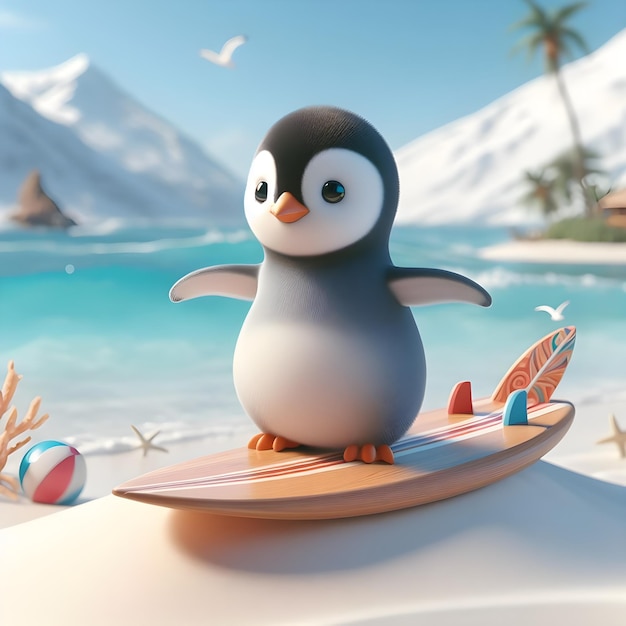 3d render of a penguin on a surfboard