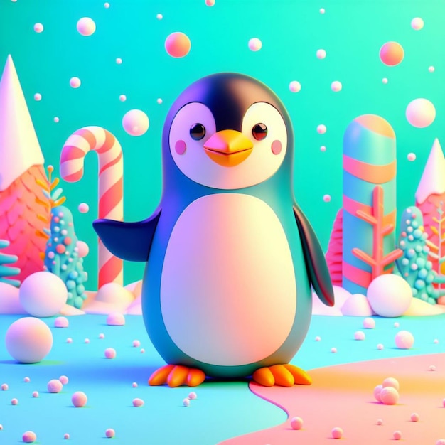 3D render of a penguin with colorful background