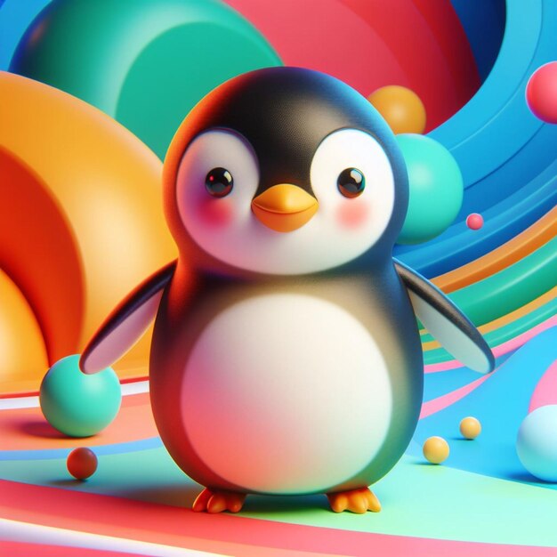 3D render of a penguin with colorful background