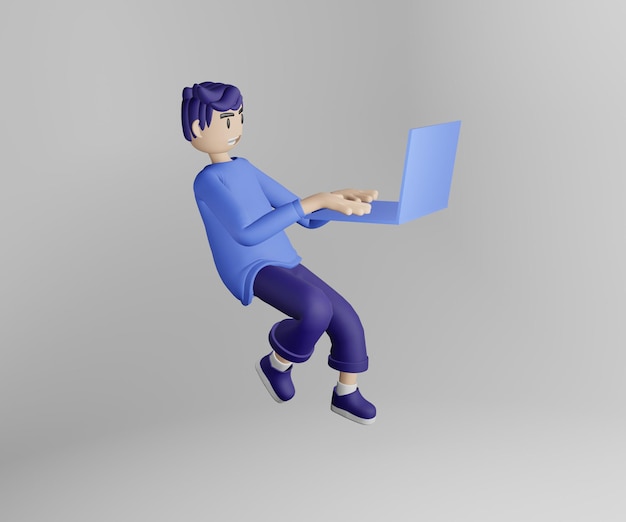 Photo 3d render people fly and playing laptop