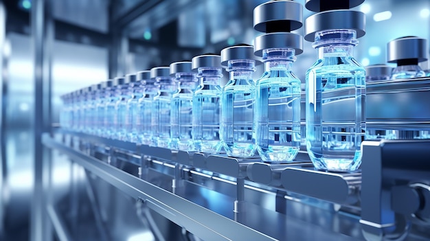 3d render pharmaceutical manufacture background with glass bottles generative ai