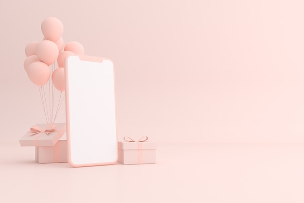 Rendering 3d di un telefono con regalo e palloncini.