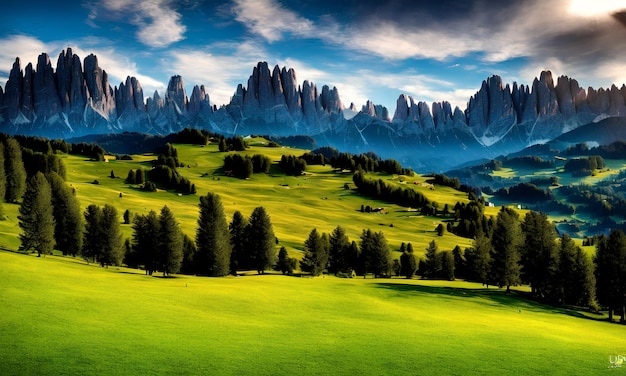 Foto foto di rendering 3d bellissimo scatto di colline erbose ricoperte di alberi vicino alle montagne